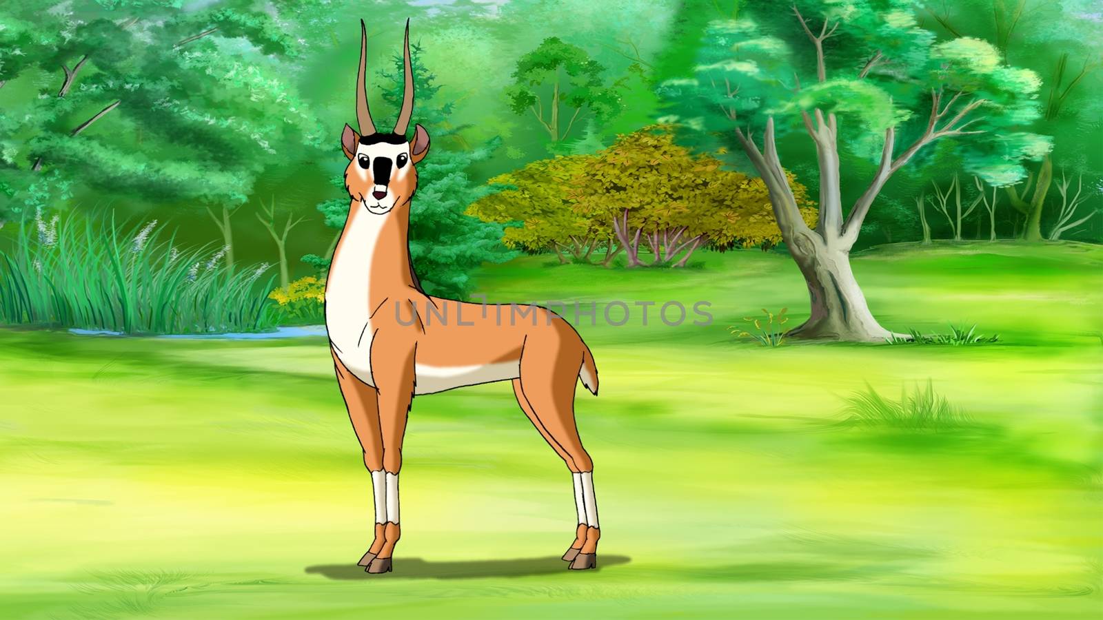 Digital painting of the wild Antelope grazes on a forest glade.