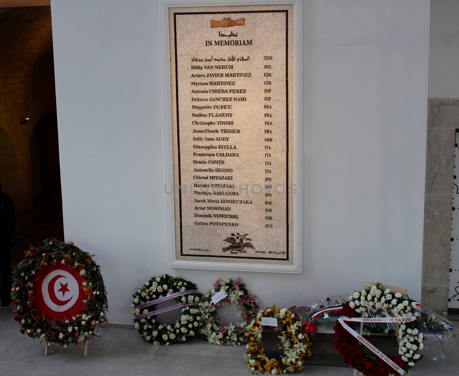 TUNISIA, Tunis : A picture shows the monument displaying the names of those killed in the March 2015 attack on the National Bardo Museum during a ceremony on March 18, 2016, in Tunis as the country marks the first anniversary of the attack of the museum by terrorists. 