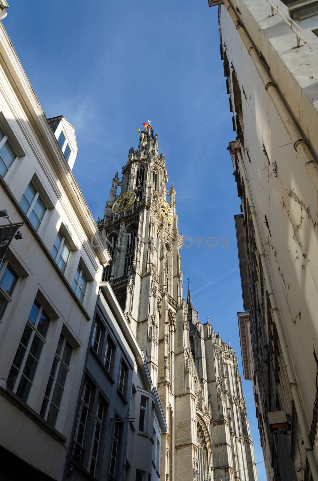 Tower of Cathedral of Our Lady in city center of Antwerp, Belgium