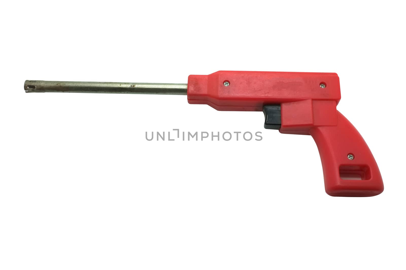 Red gas lighter in shape of gun isolated on white background