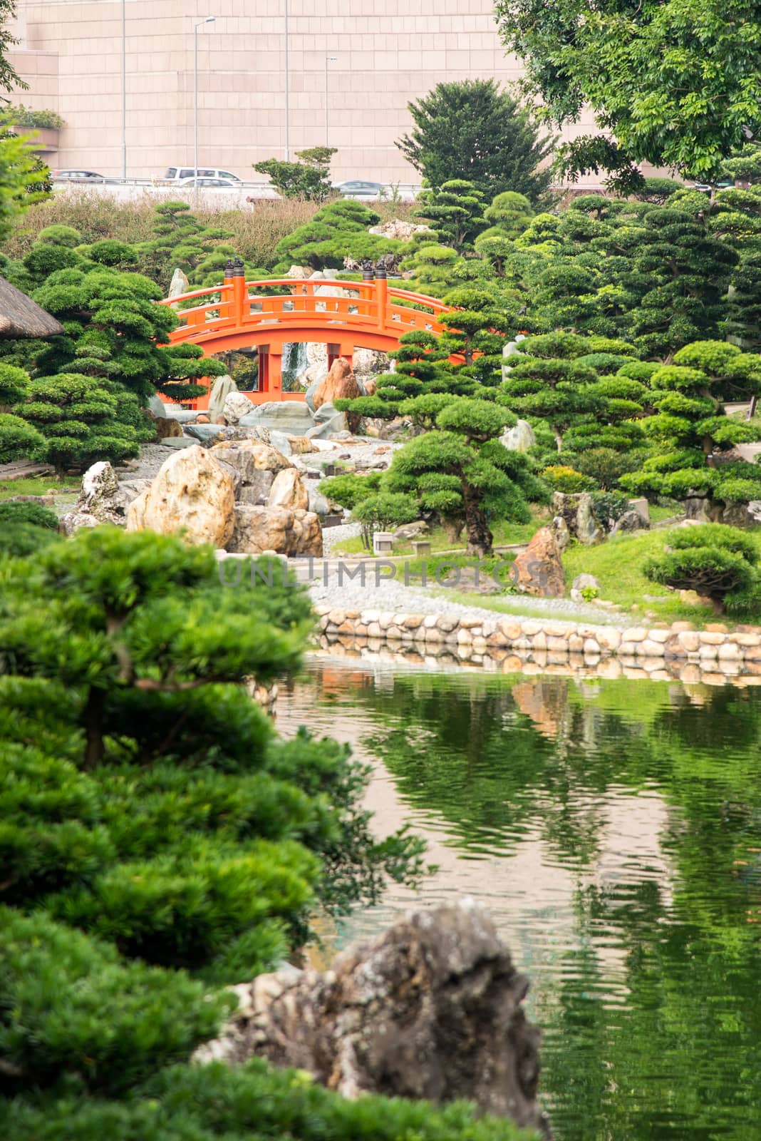 Red Hong Kong bridge,Chinese style architecture in Nan Lian Garden, Hong Kong