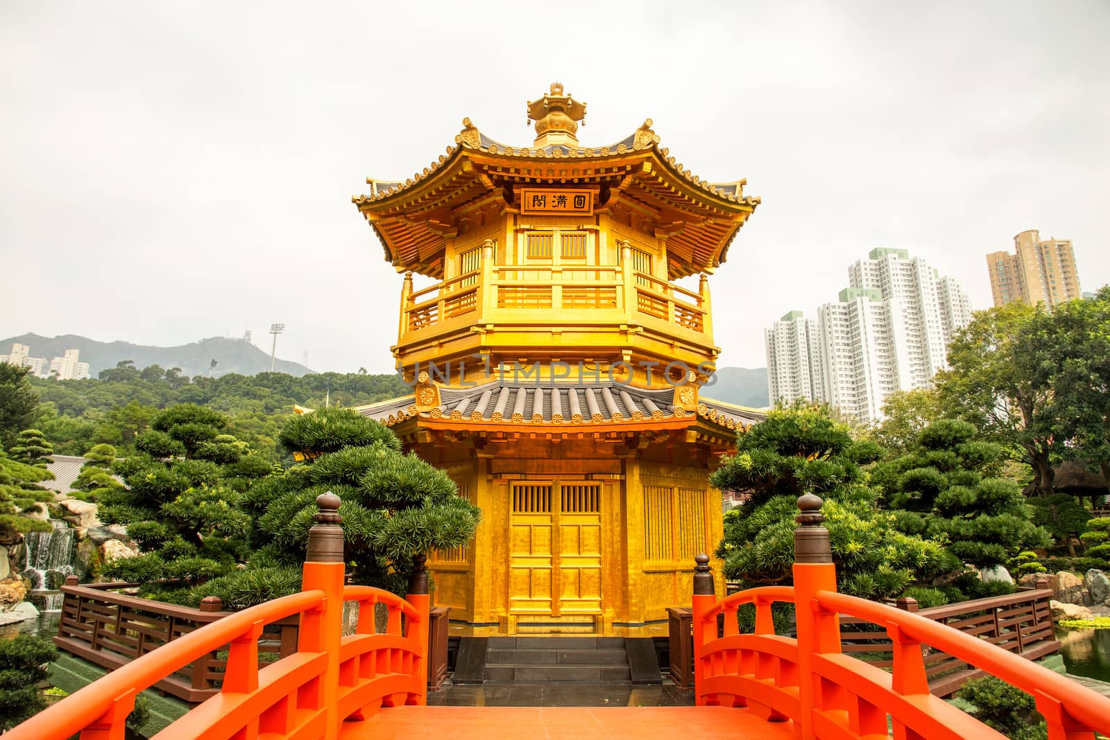 Beautiful Golden Pagoda Chinese style architecture in Nan Lian Garden, Hong Kong