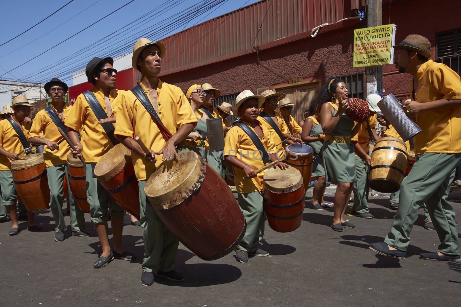 Band accompanying a group of dancers of Africa descent Afrodescendiente performing at the annual Carnaval Andino con la Fuerza del Sol in Arica, Chile.