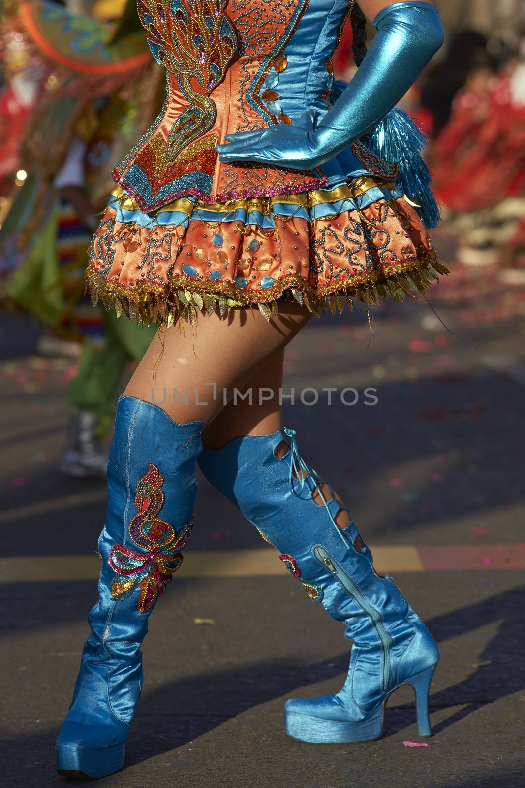 Morenada dancer in traditional Andean costume performing at the annual Carnaval Andino con la Fuerza del Sol in Arica, Chile.