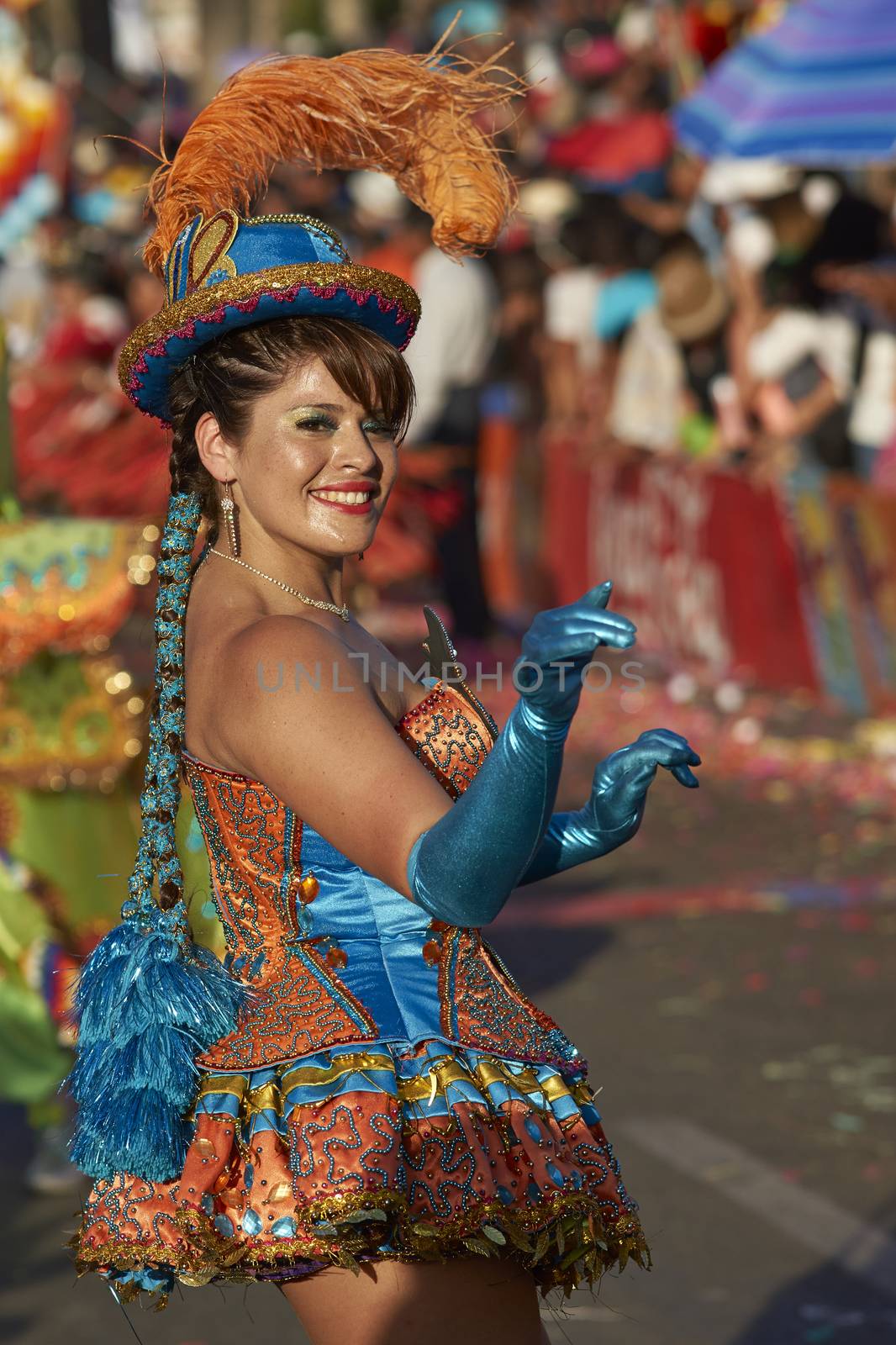 Morenada dancer in traditional Andean costume performing at the annual Carnaval Andino con la Fuerza del Sol in Arica, Chile.