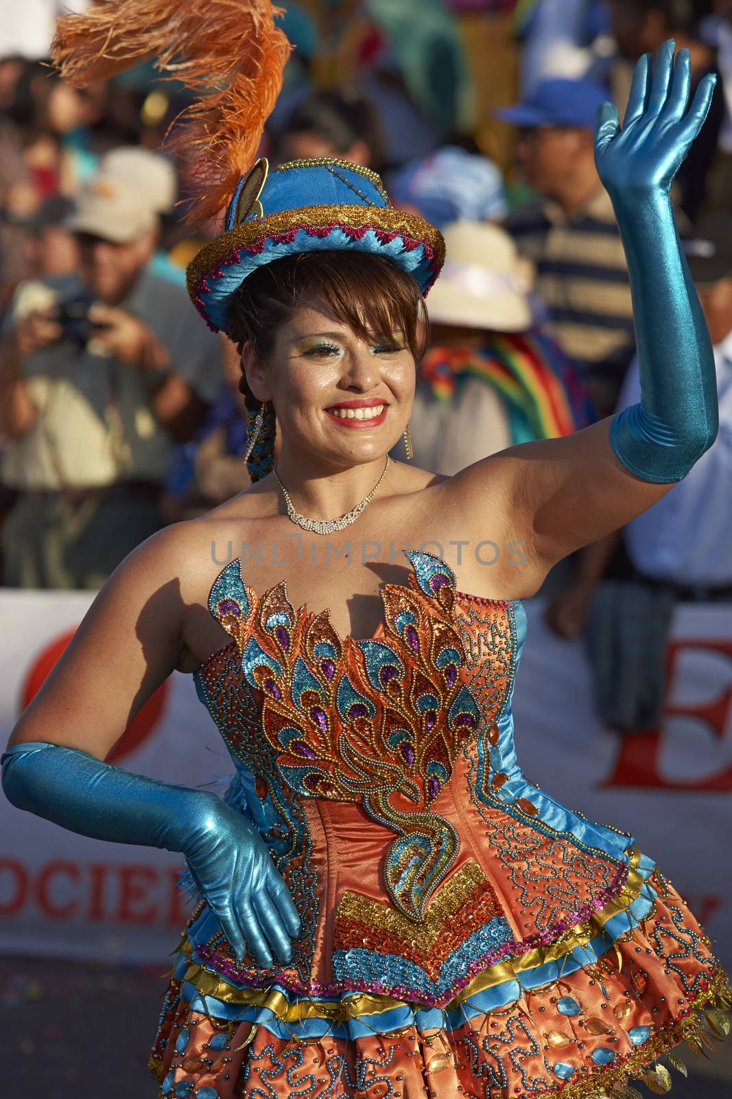 Morenada dancer in traditional Andean costume performing at the annual Carnaval Andino con la Fuerza del Sol in Arica, Chile.