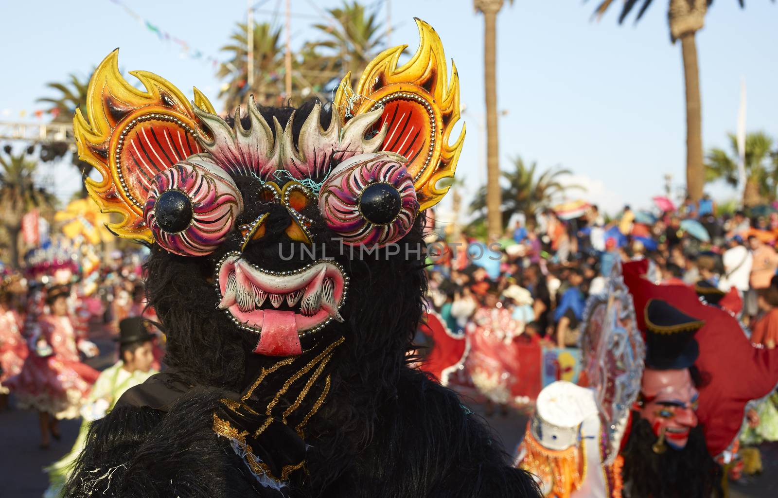 ARICA, CHILE - JANUARY 23, 2016: Morenada dance group in traditional Andean costume performing at the annual Carnaval Andino con la Fuerza del Sol in Arica, Chile.
