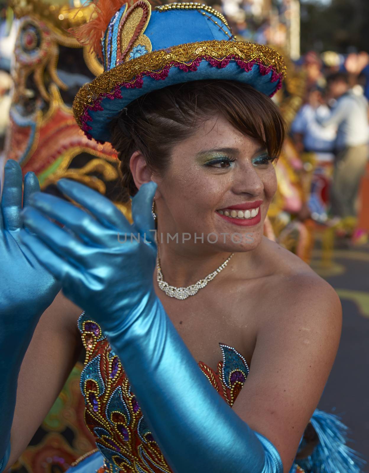 Morenada dancer in traditional Andean costume performing at the annual Carnaval Andino con la Fuerza del Sol in Arica, Chile.