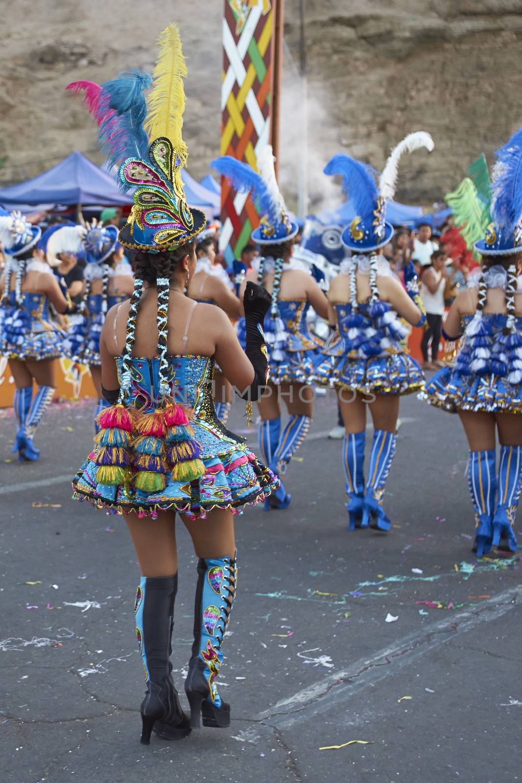Morenada dancers in traditional Andean costume performing at the annual Carnaval Andino con la Fuerza del Sol in Arica, Chile.