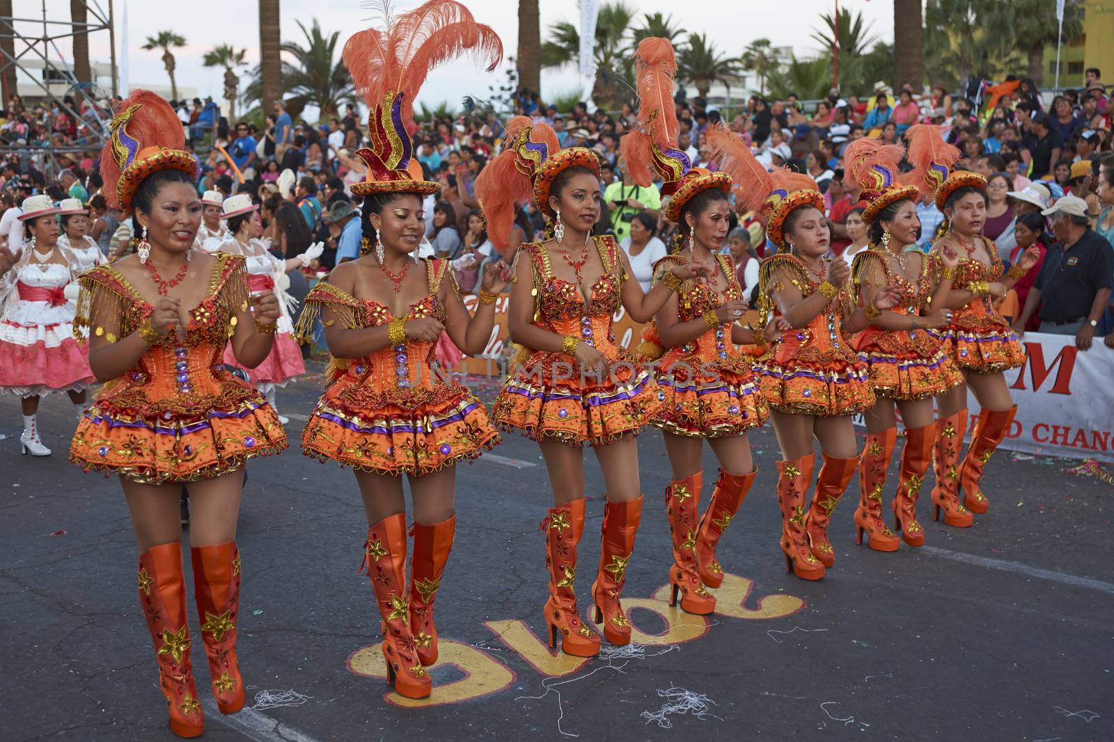 Morenada dancers in traditional Andean costume performing at the annual Carnaval Andino con la Fuerza del Sol in Arica, Chile.