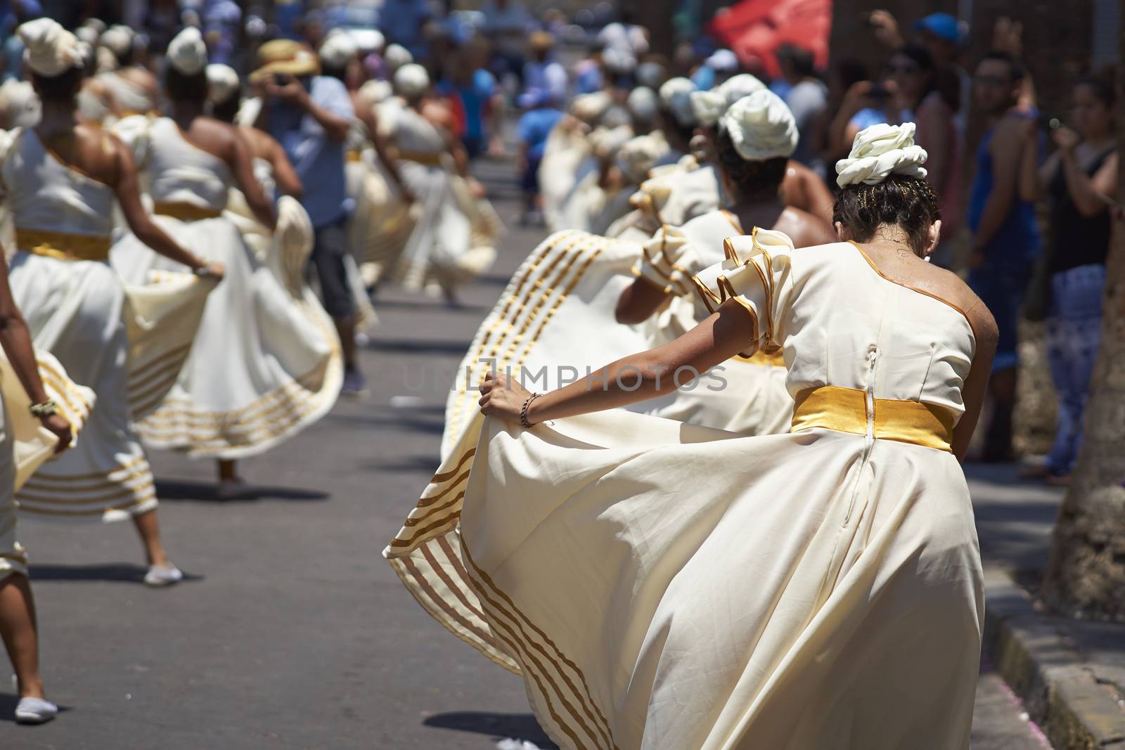 Group of dancers of Africa descent Afrodescendiente performing at the annual Carnaval Andino con la Fuerza del Sol in Arica, Chile.