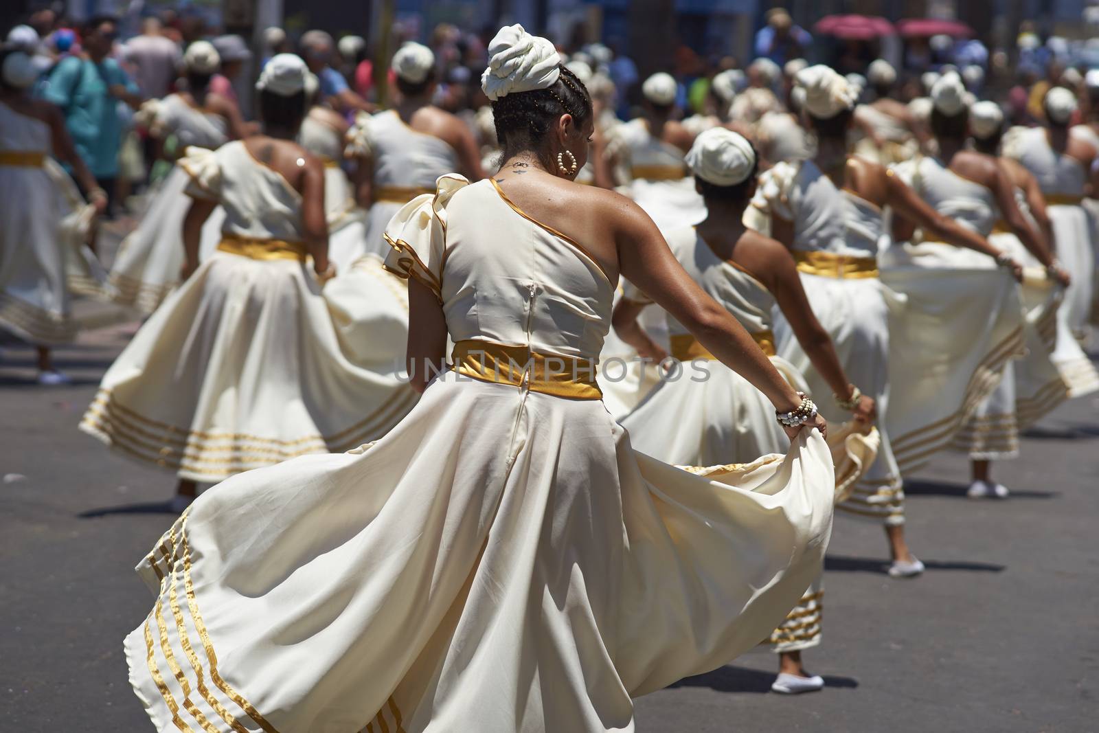 Group of dancers of Africa descent Afrodescendiente performing at the annual Carnaval Andino con la Fuerza del Sol in Arica, Chile.