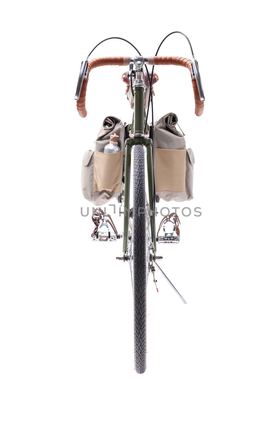 Vintage green road bicycle isolated on white. Front view.