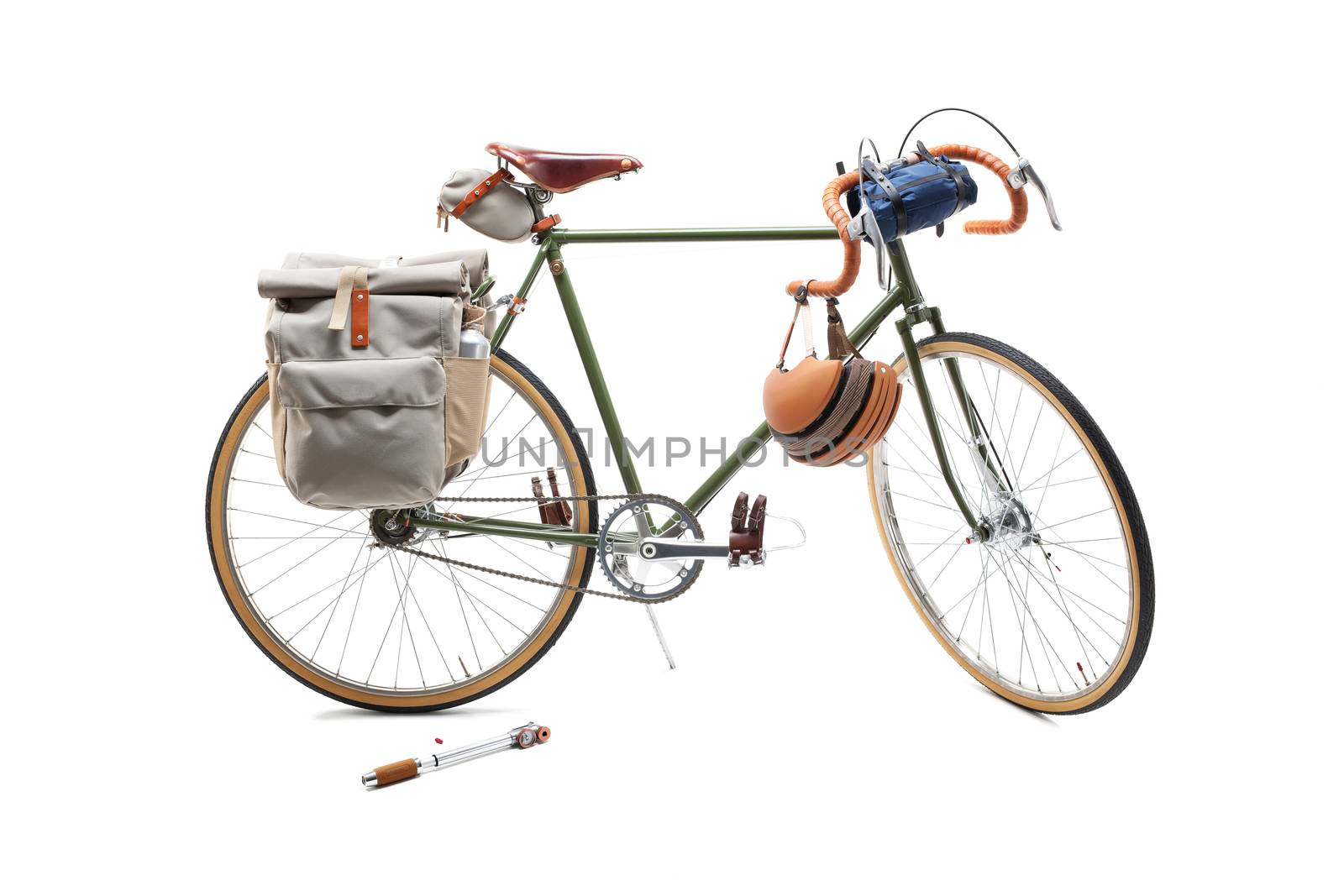 Vintage green road bicycle isolated on white.