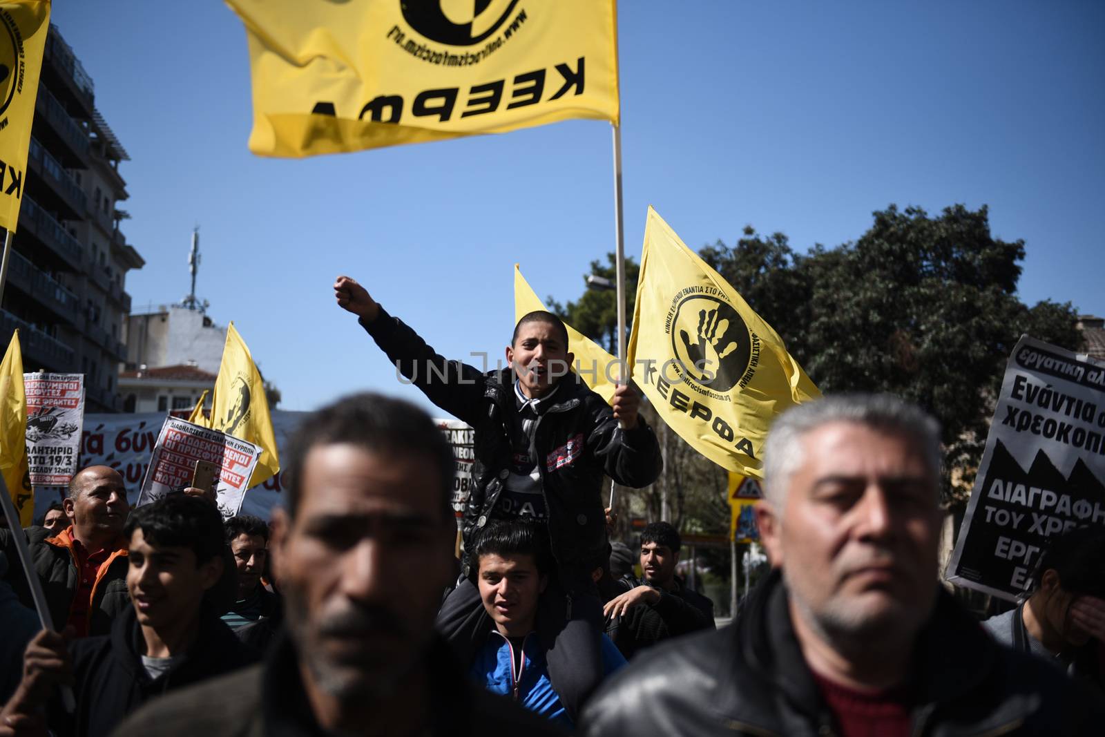 GREECE, Thessaloniki: Hundreds of migrants from Diavata refugees camp and Greek citizens demonstrate in Thessaloniki, northern Greece, against the EU migration policy and closed borders, on March 19, 2016.