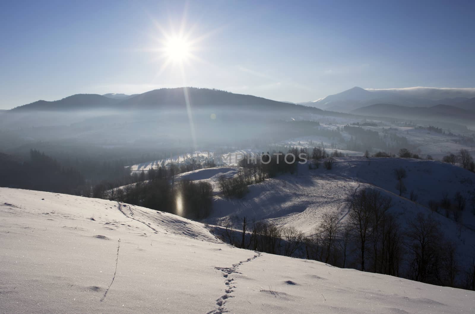 Carpathian mountain valley covered with fresh snow. Majestic lan by dolnikow