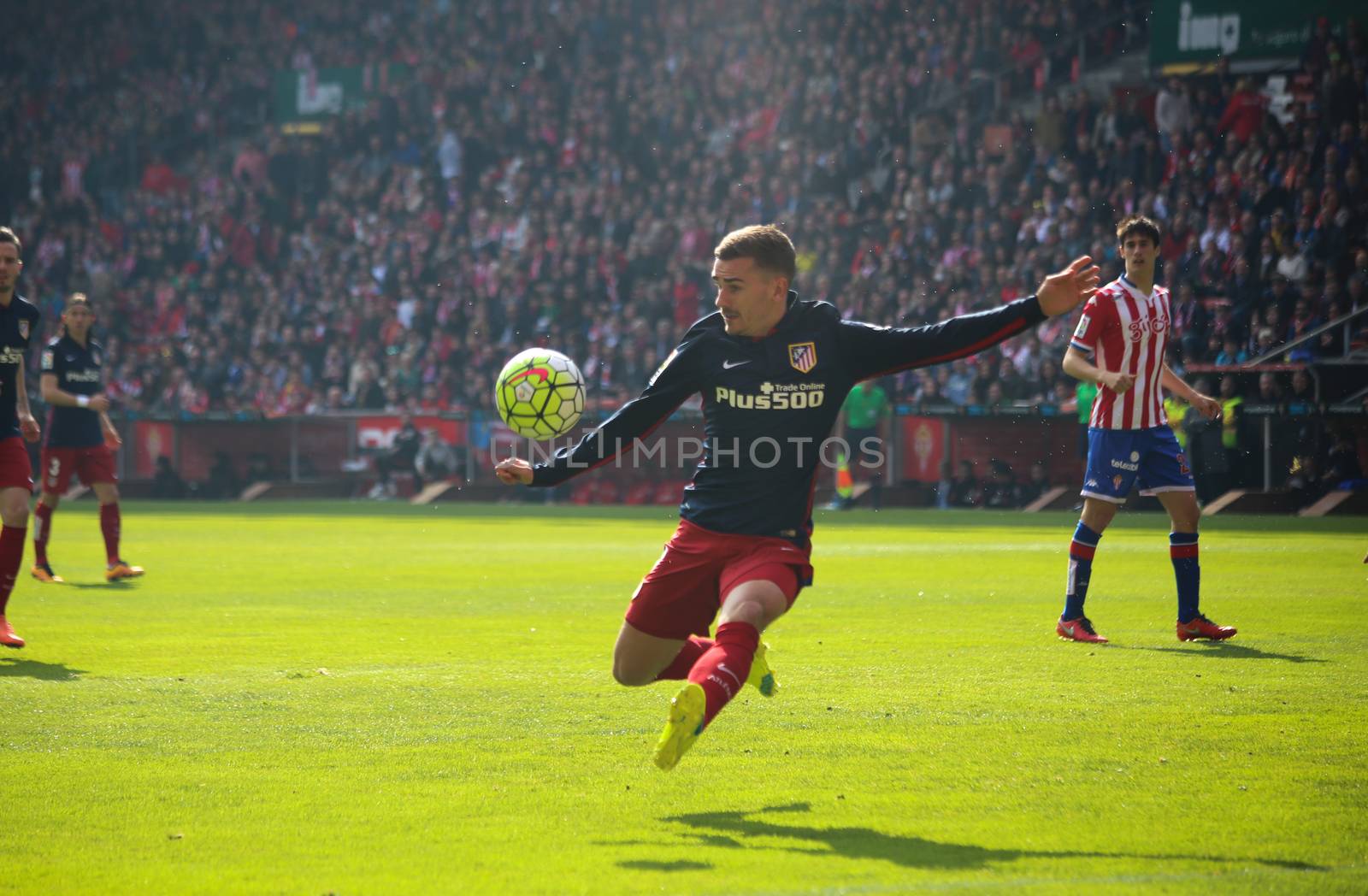 SPAIN, Gijon: Atletico de Madrid player Antoine Griezmann shoots the ball during the 30th day of the Liga BBVA football match between Sporting de Gijon and Atletico de Madrid in El Molinon Stadium, Gijon, Spain on March 19, 2016.
