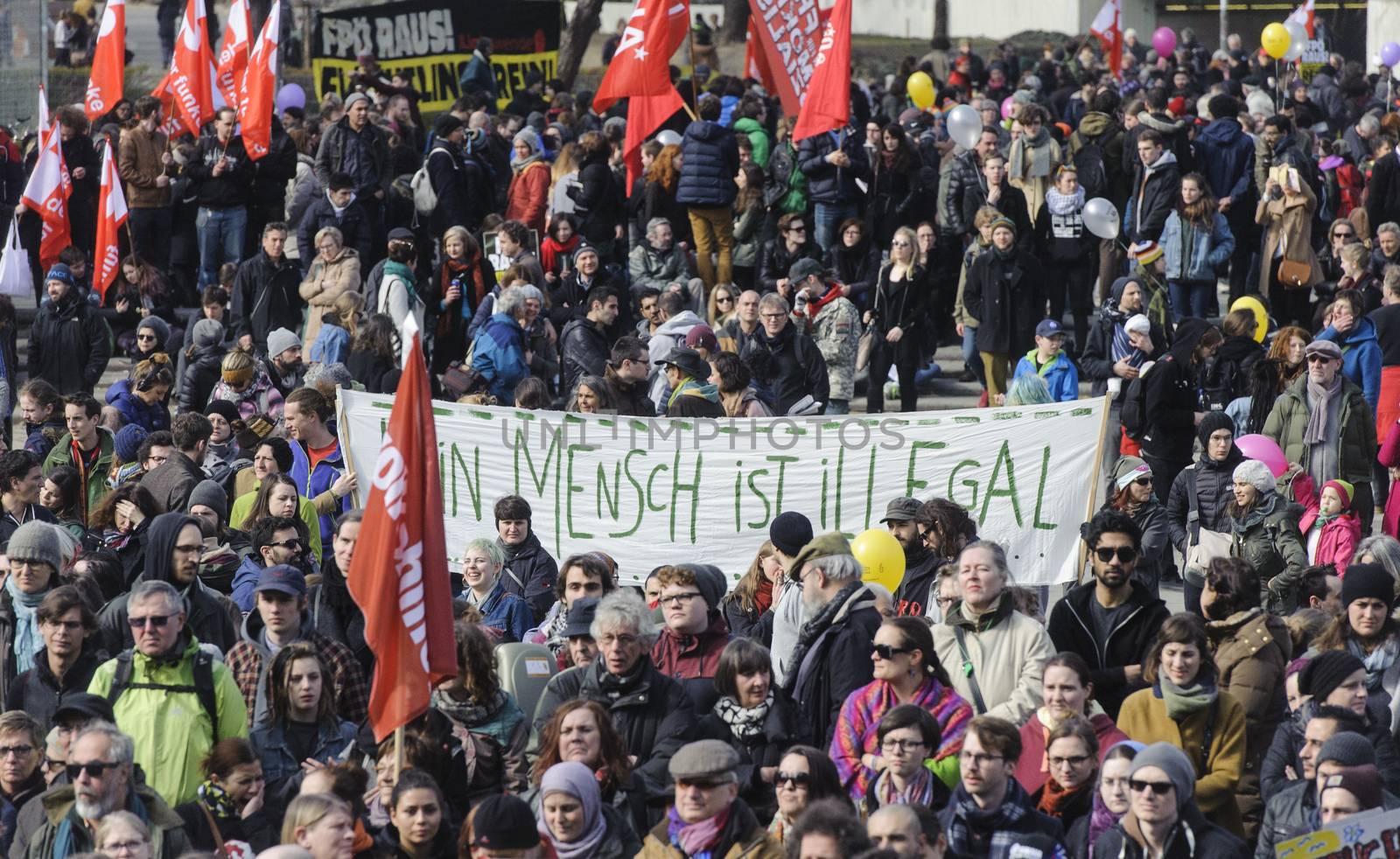 AUSTRIA, Vienna: People took to the streets in a show of support for migrants and to call for an end to border on March 19, 2016 in Austria.The demonstrators have denounced 'fortress Europe' and demanded an end to racism. The demonstrators marched through Vienna, holding signs and waving flags.