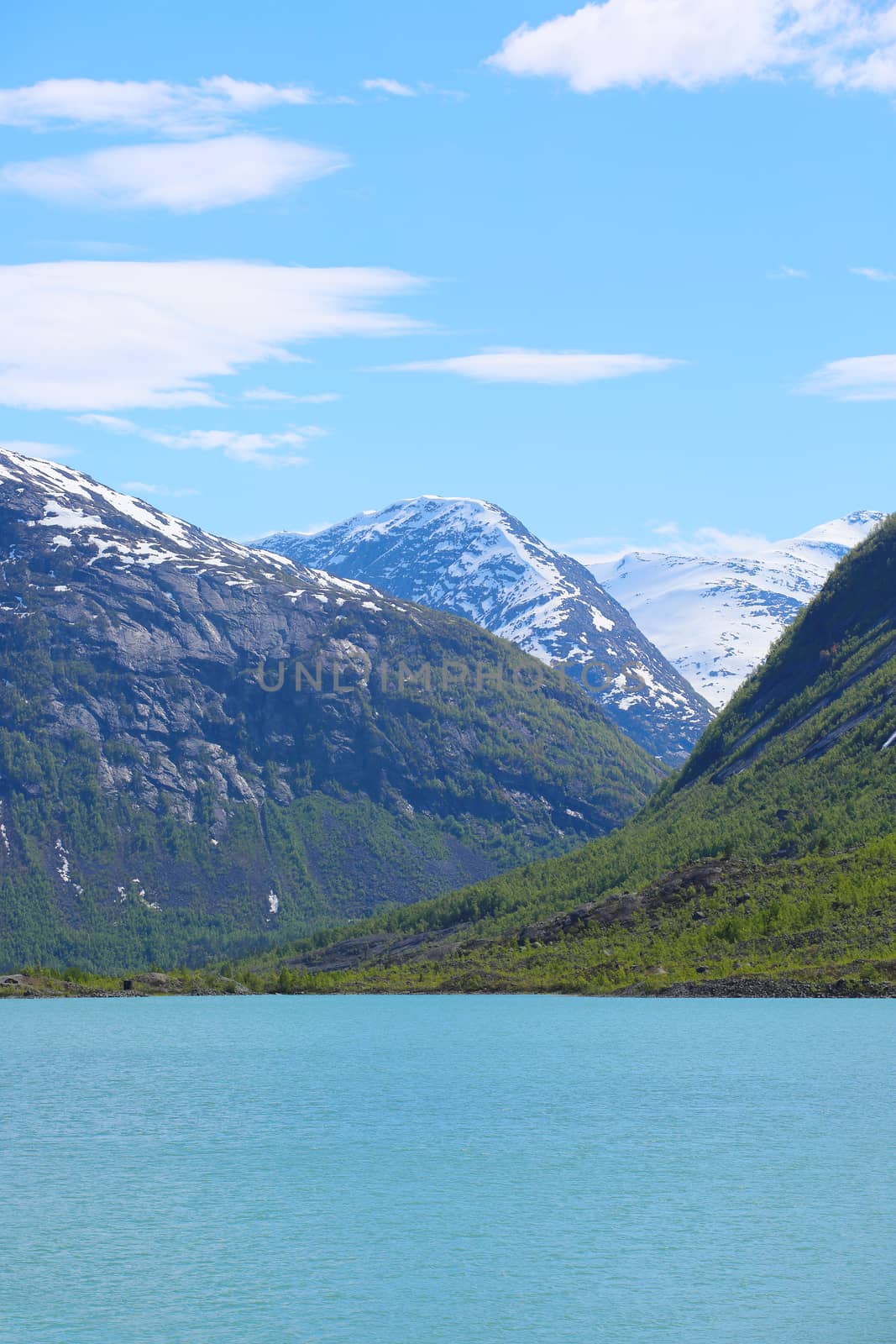 Mountain landscape with glacial river in Jostedalsbreen National Park, Briksdalen valley, Norway 