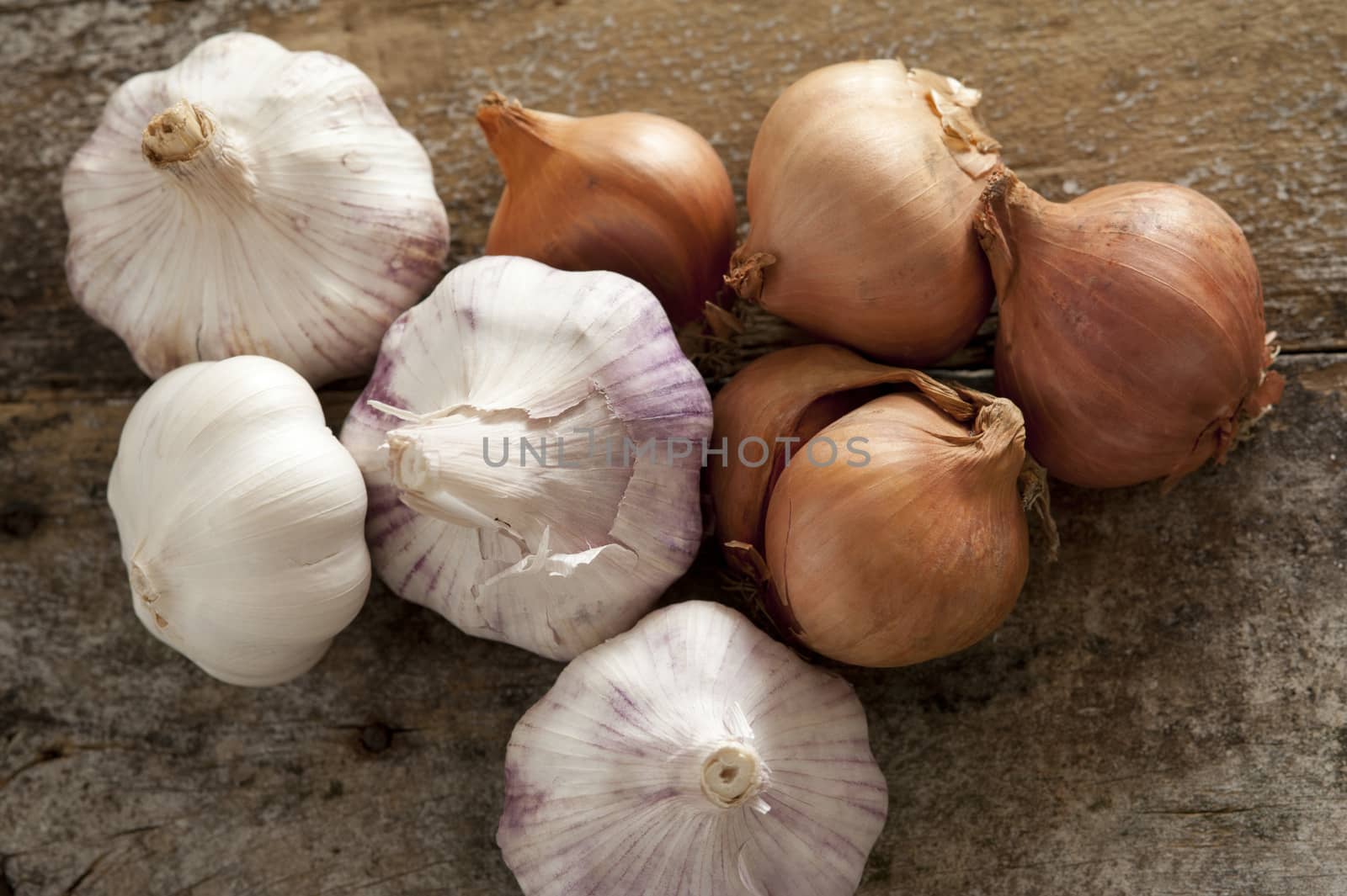 Fresh raw whole garlic bulbs and brown onions, both of the Allium family, on a rustic wooden table viewed from overhead