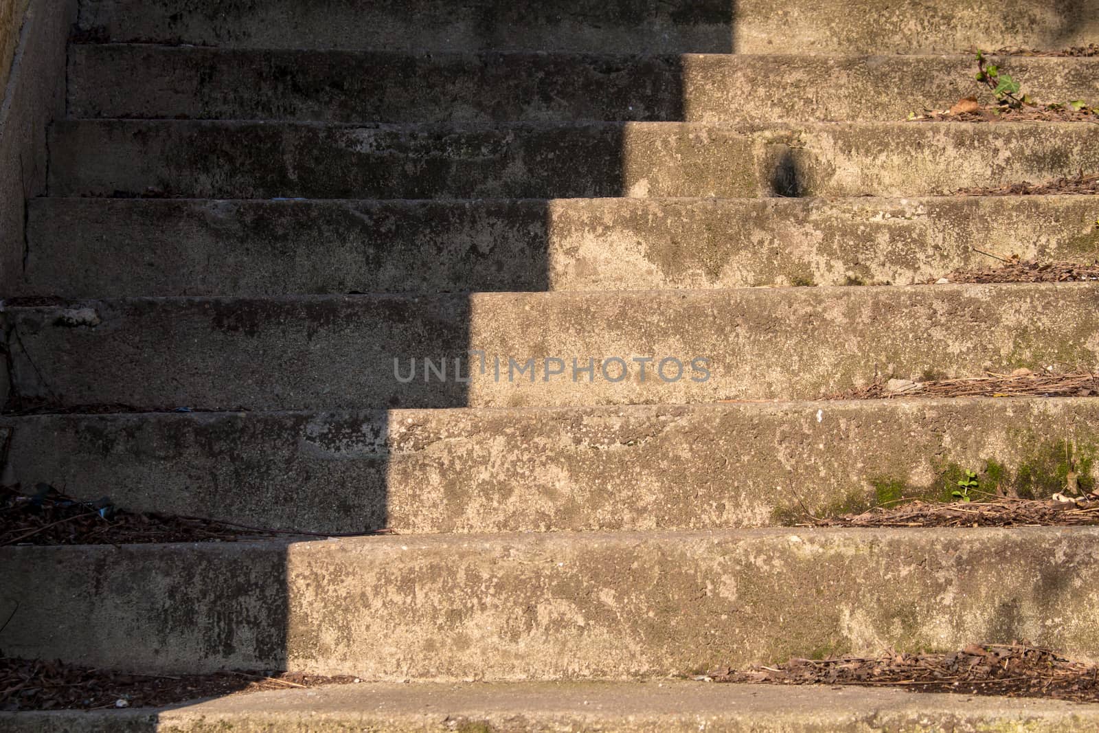 Old stairs in an abandoned house, diagonally divided into a light and shady part.