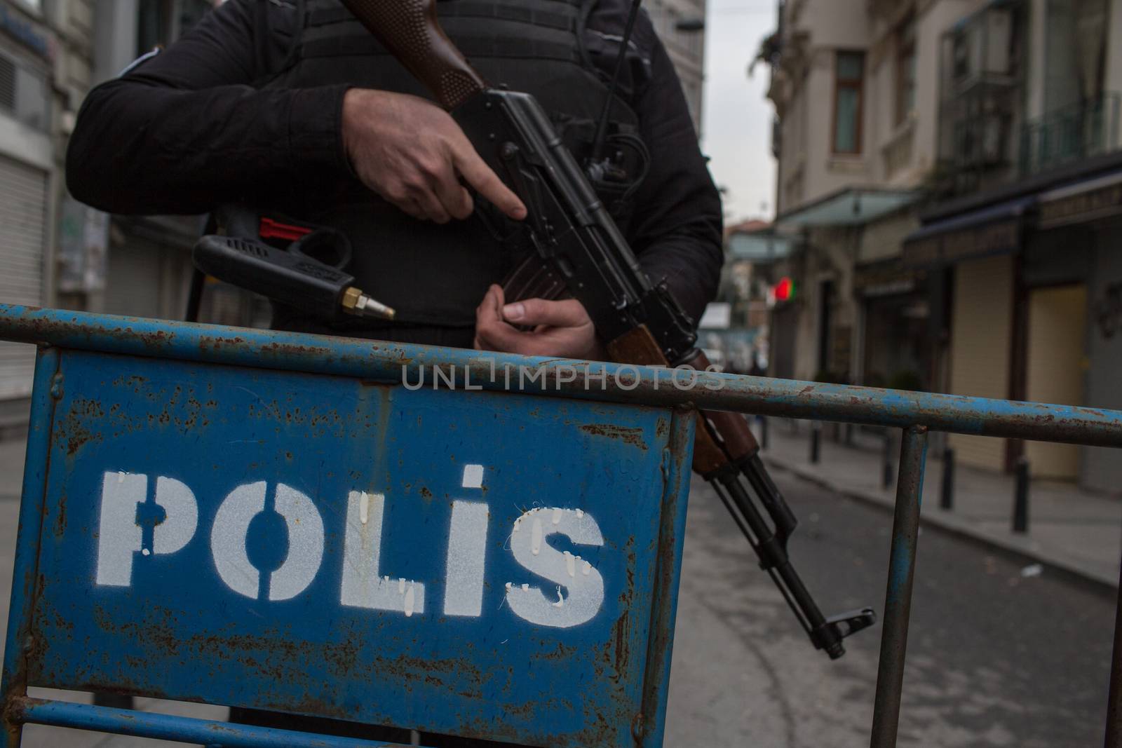 TURKEY, Istanbul: Police secure the area following a suicide bombing in a major shopping and tourist district at Istiklal street in the central part of the city on March 19, 2016 in Istanbul, Turkey. The explosion killed at least five people and left many injured.