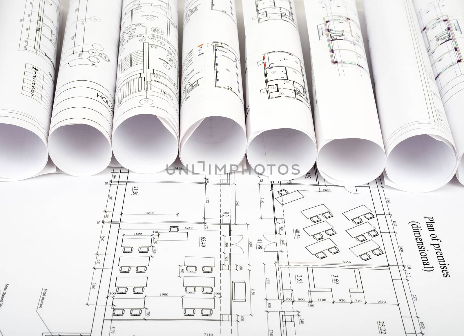 Architecture plan and rolls of blueprints by cherezoff