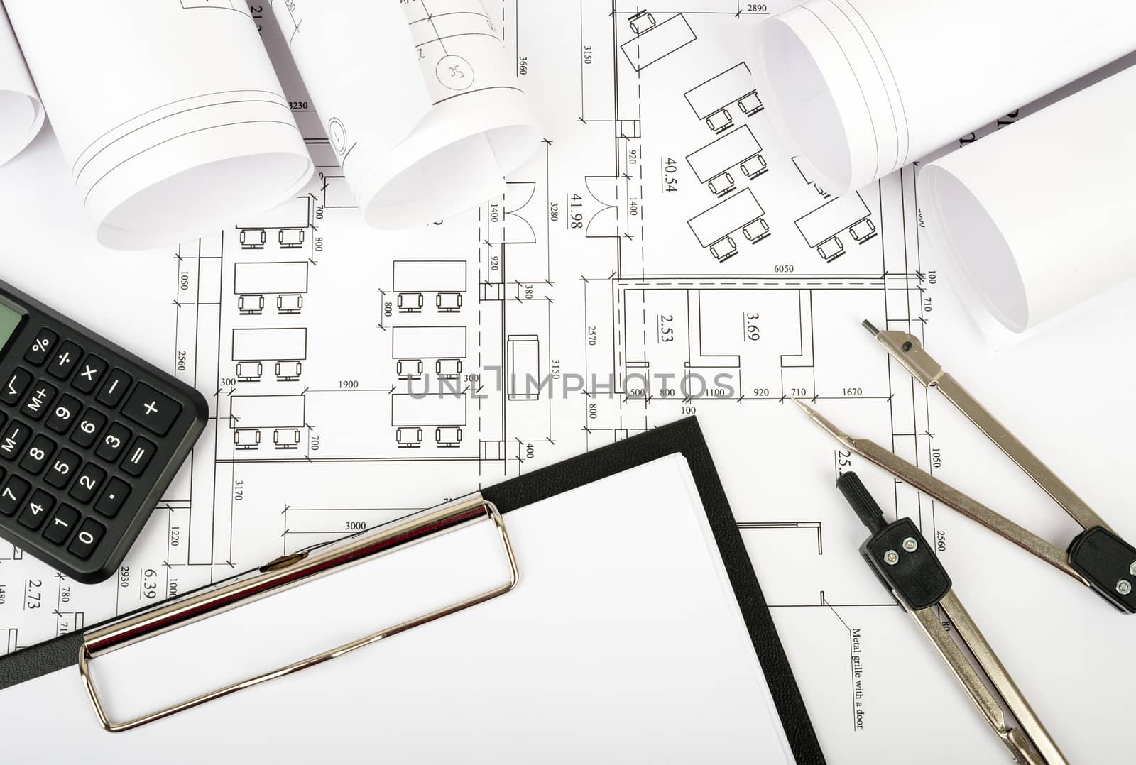 Architecture plan and rolls of blueprints by cherezoff