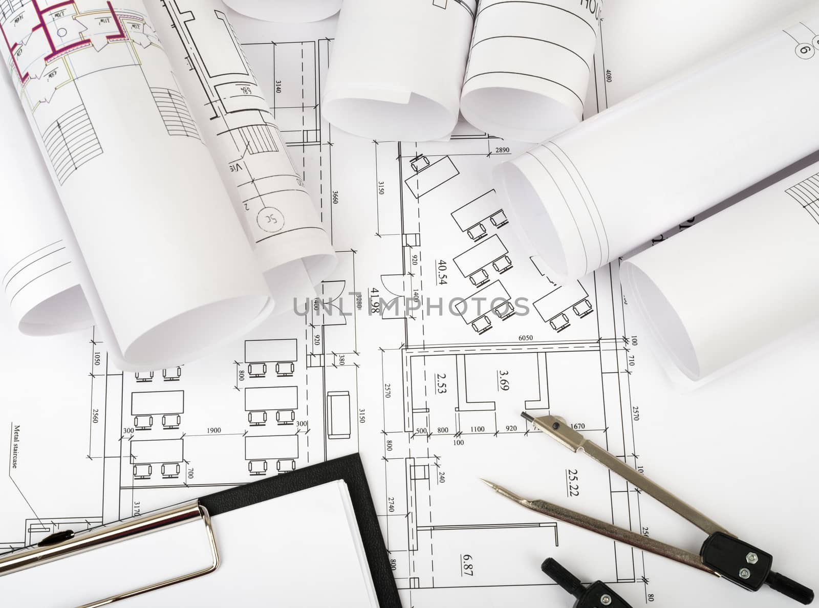 Architecture plan and rolls of blueprints by cherezoff