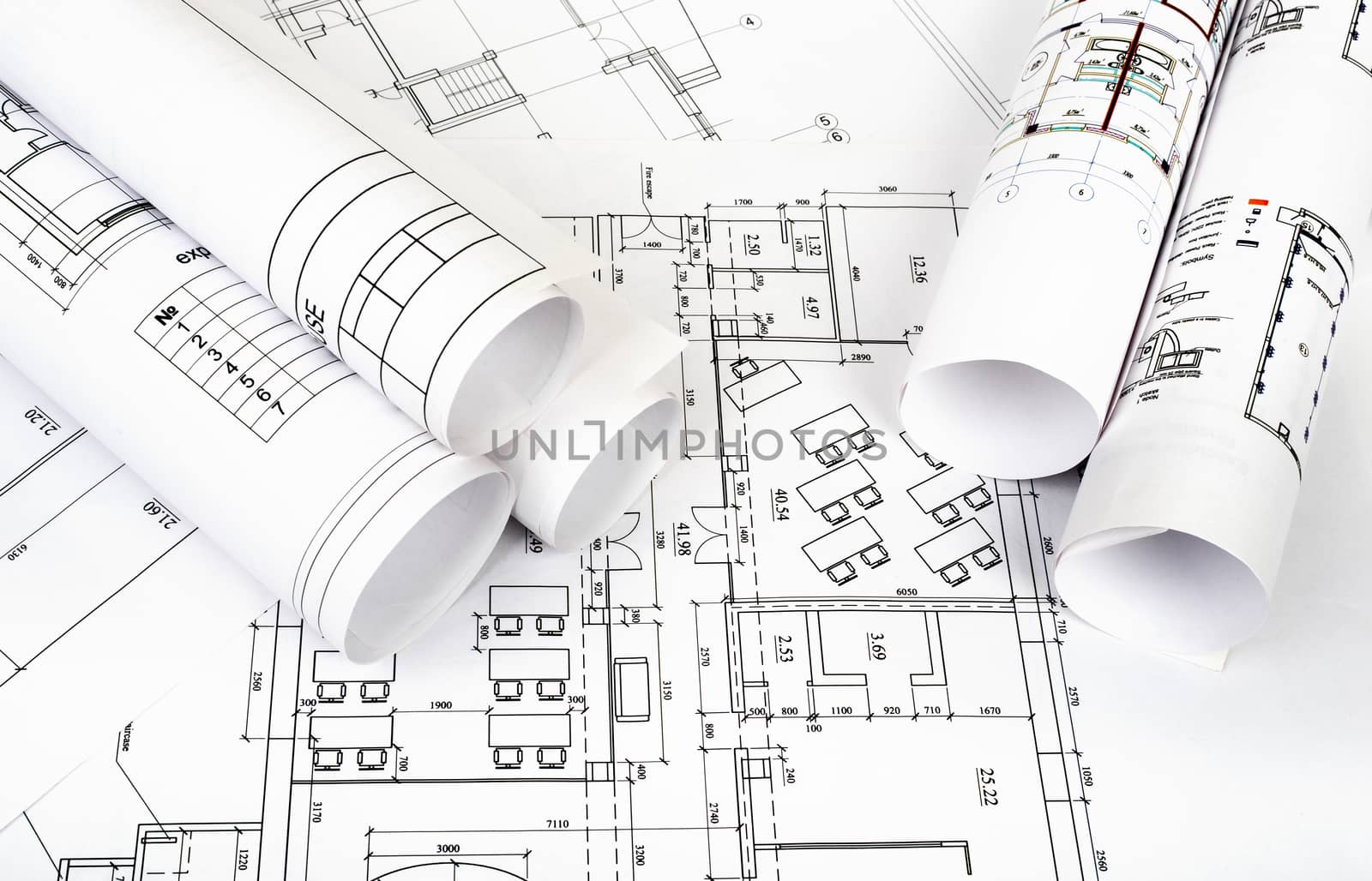 Architecture plan and rolls of blueprints by cherezoff