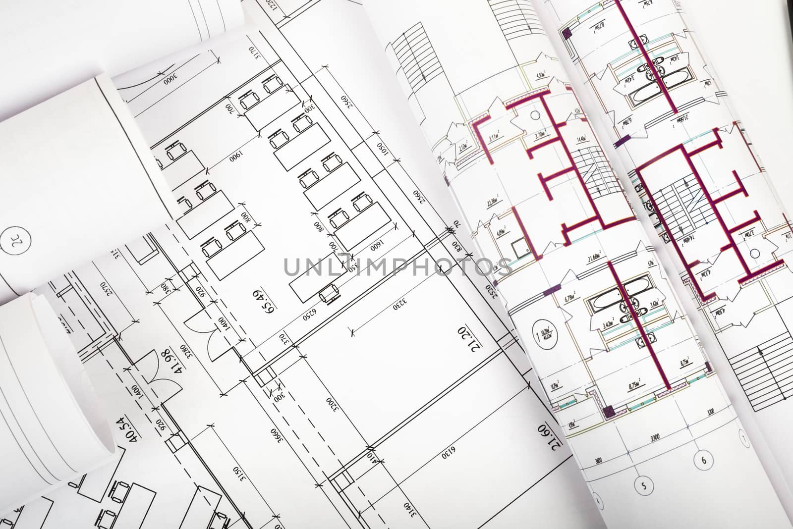 Architecture plan and rolls of blueprints by cherezoff