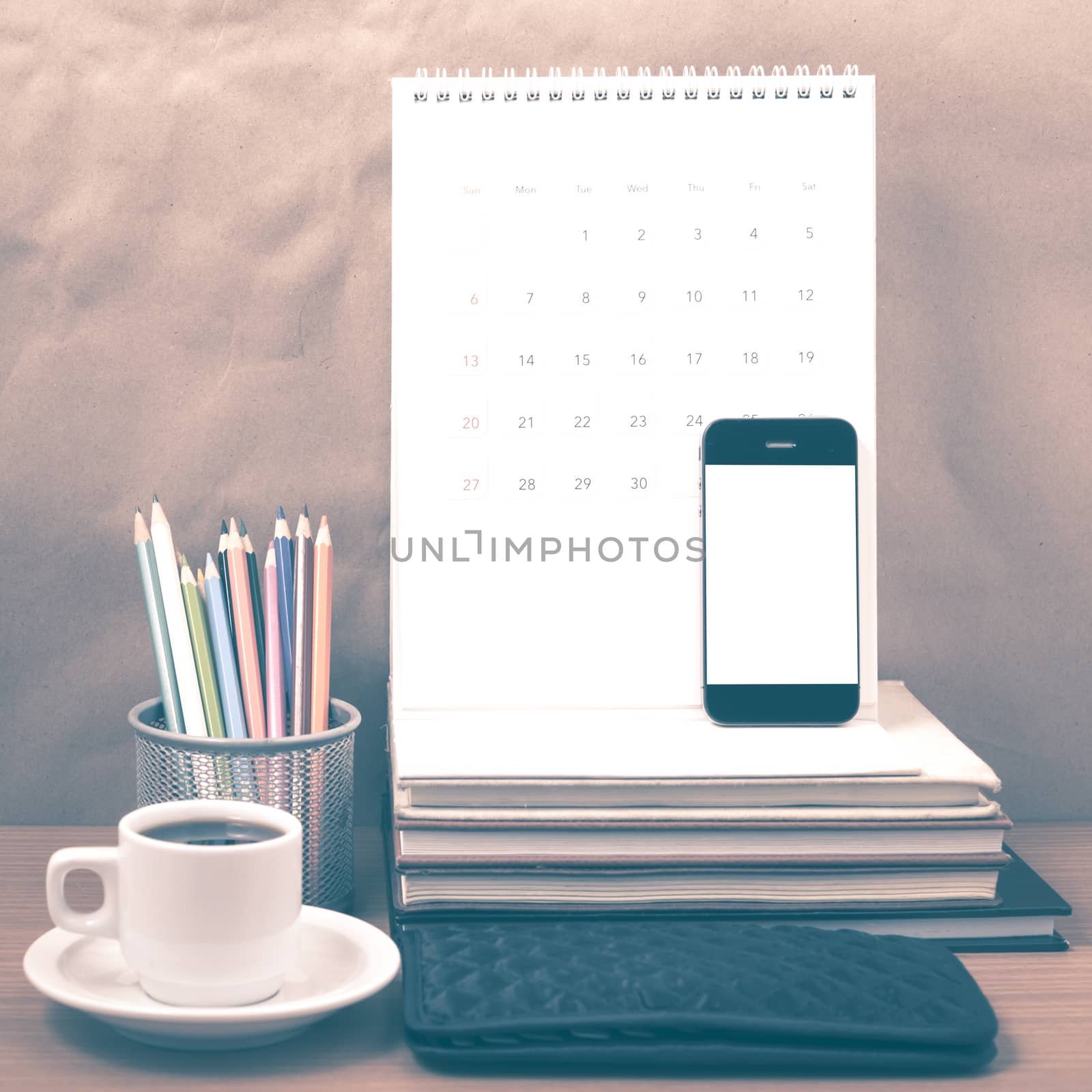 office desk : coffee with phone,wallet,calendar,color pencil box by ammza12