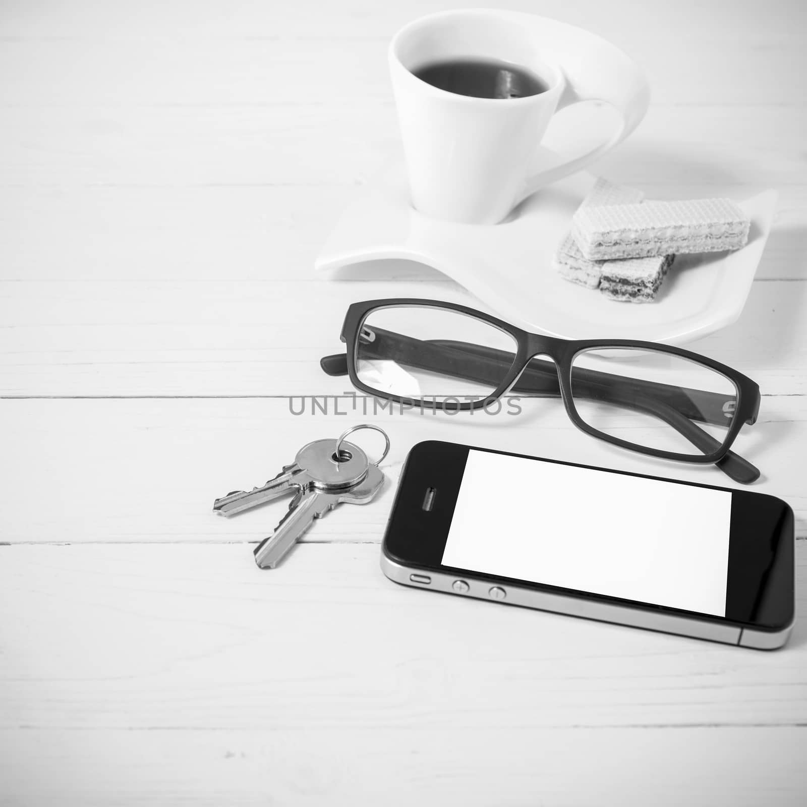 coffee cup with wafer,phone,key,eyeglasses black and white color by ammza12