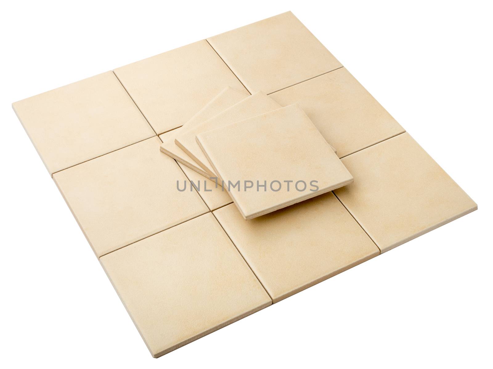 Set of tiles and tile wall isolated on white background, close up view