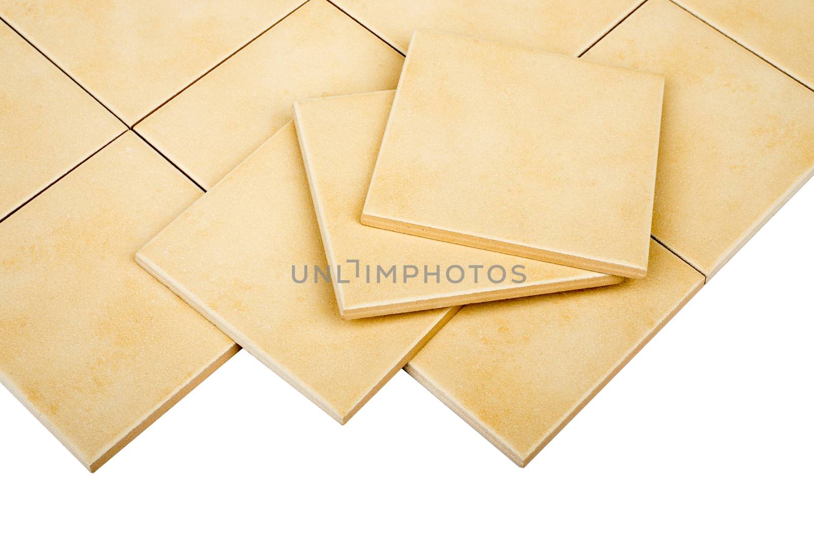 Set of tiles and tile wall isolated on white background, top view