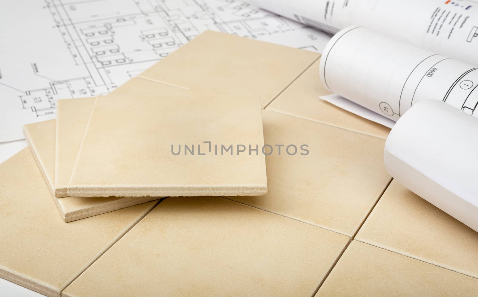 Set of tiles with blueprints, close up view