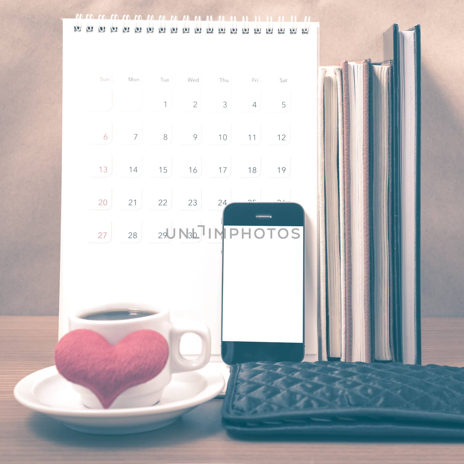 office desk : coffee with phone,wallet,calendar,heart,stack of b by ammza12