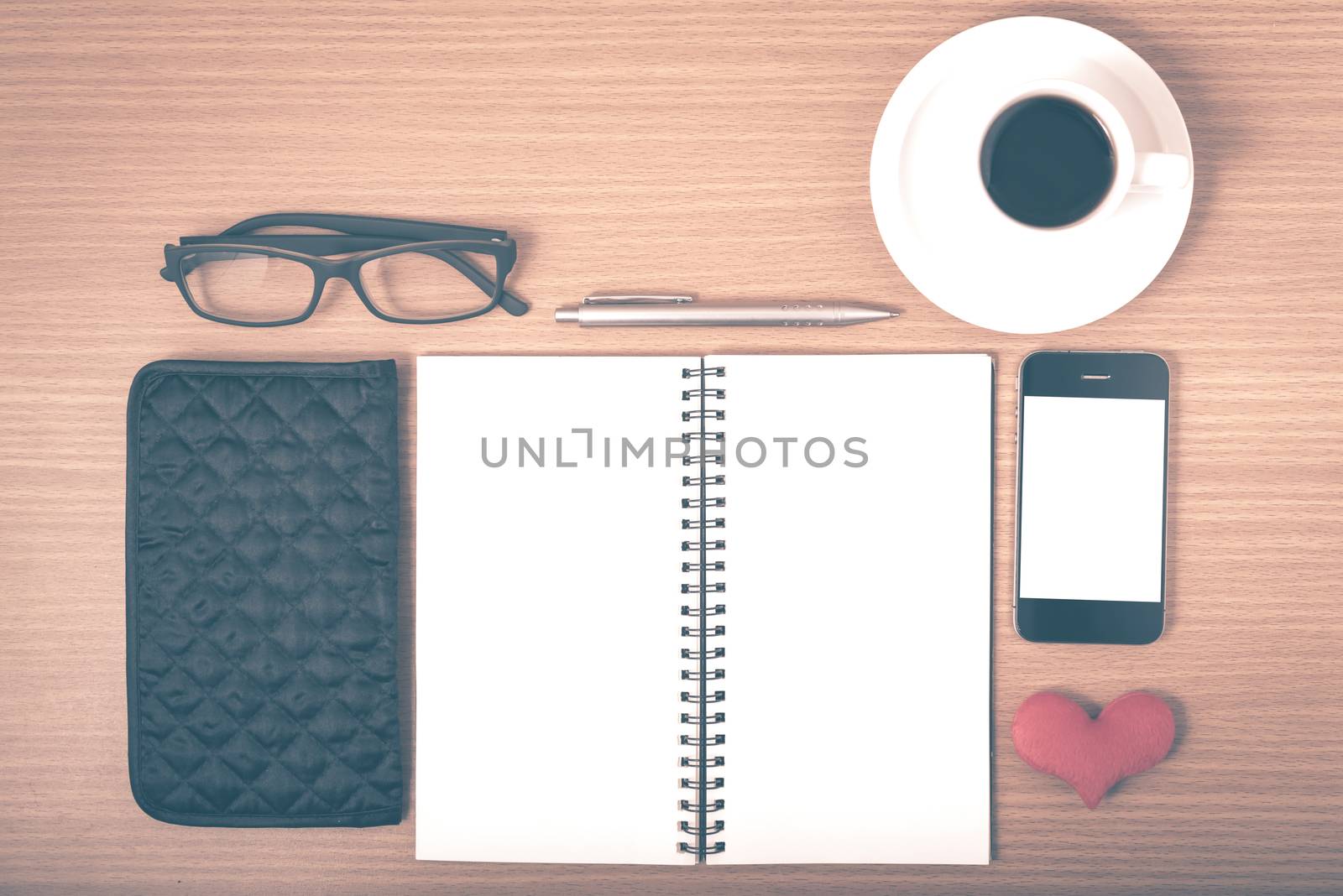office desk : coffee with phone,notepad,eyeglasses,wallet,heart  by ammza12