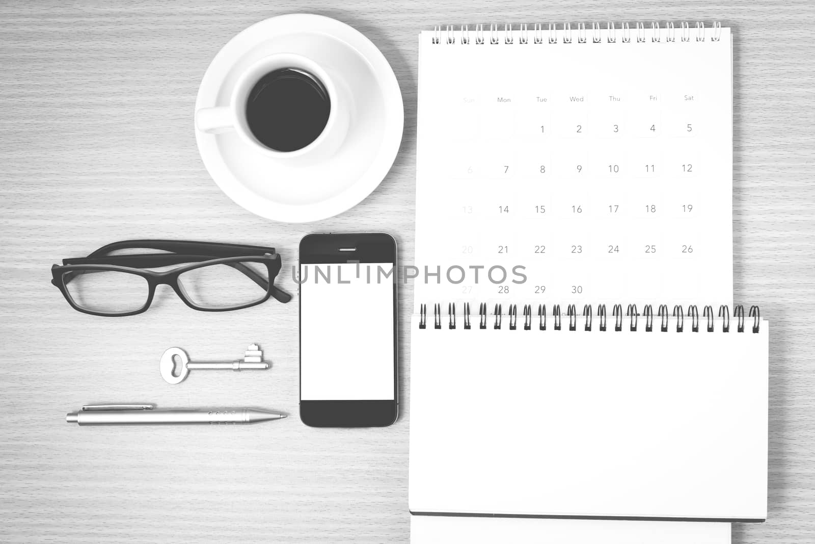 coffee and phone with key,eyeglasses,notepad,calendar black and  by ammza12