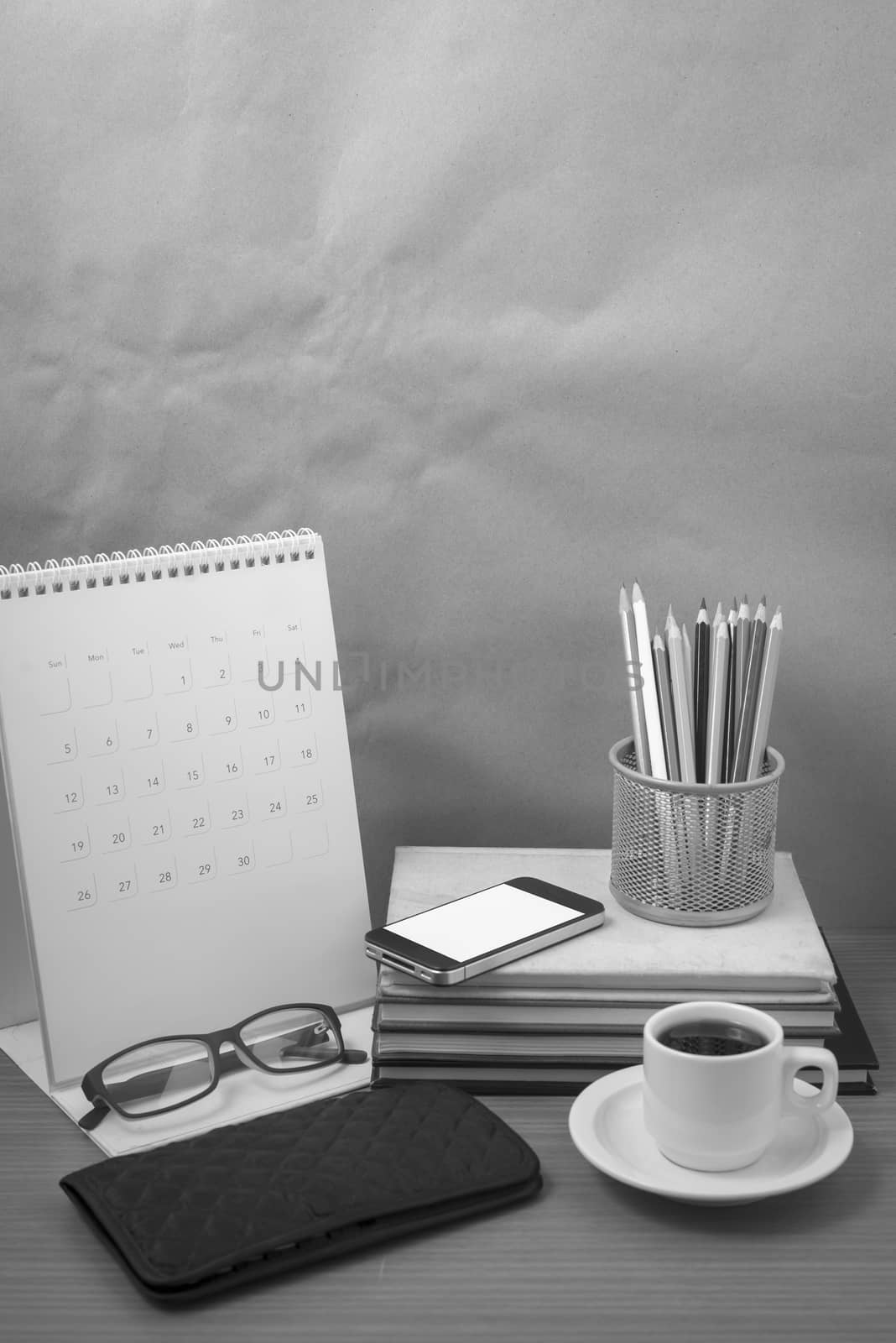 office desk : coffee with phone,wallet,calendar,color pencil box by ammza12