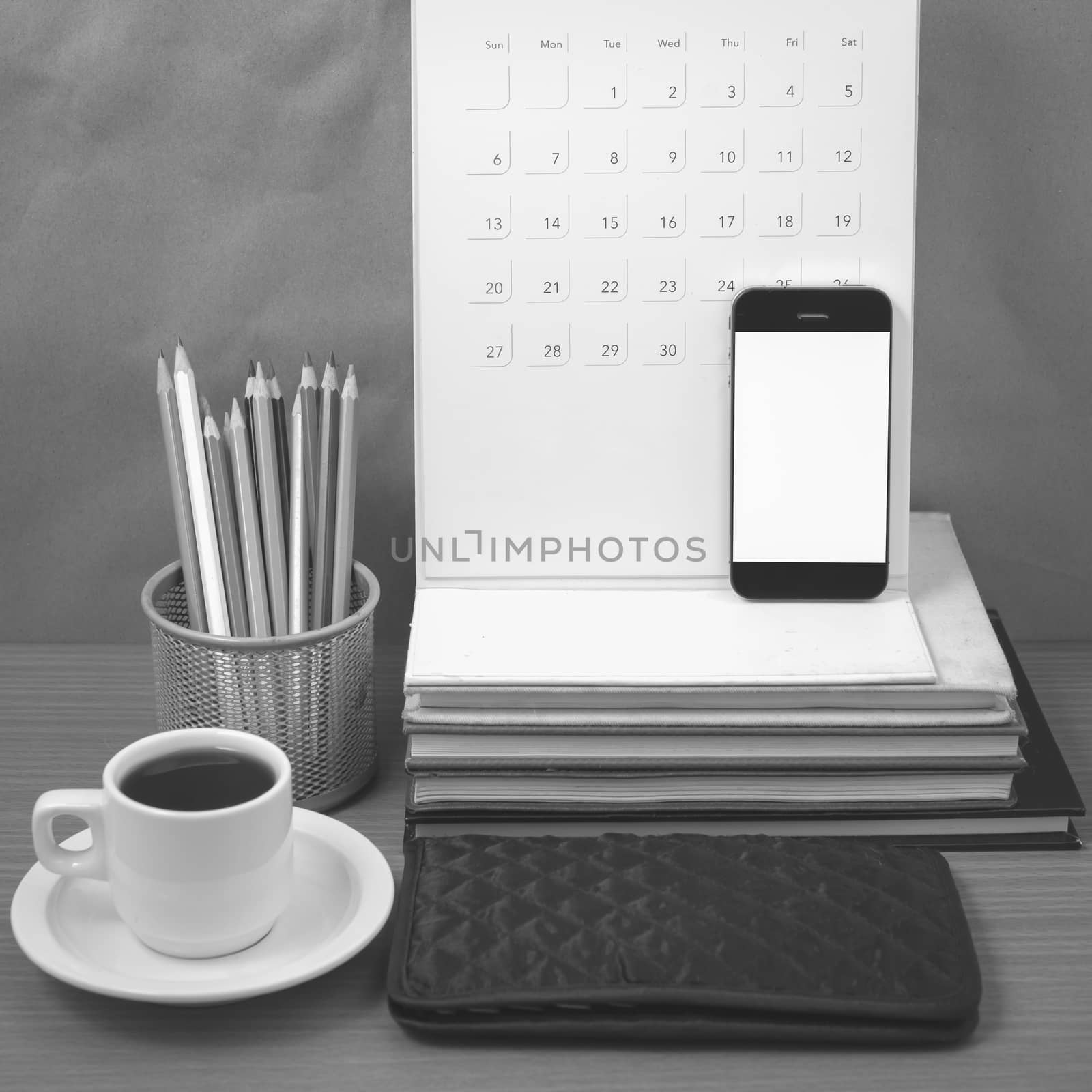 office desk : coffee with phone,wallet,calendar,color pencil box by ammza12