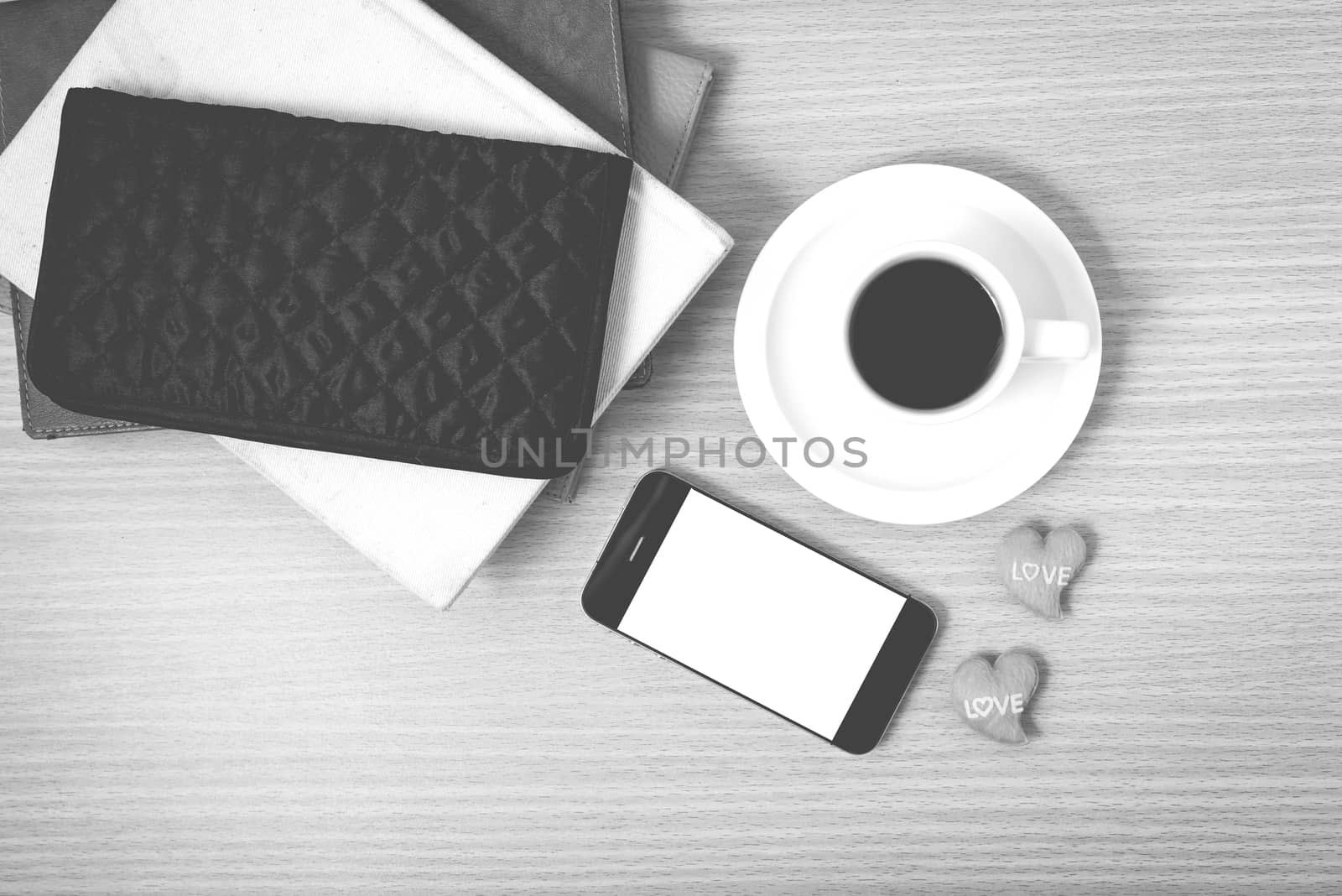 office desk : coffee with phone,stack of book,wallet black and w by ammza12