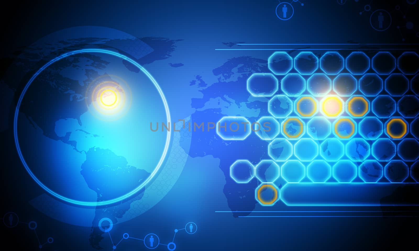 Holographic screen with world map and circles on blue background, technology concept