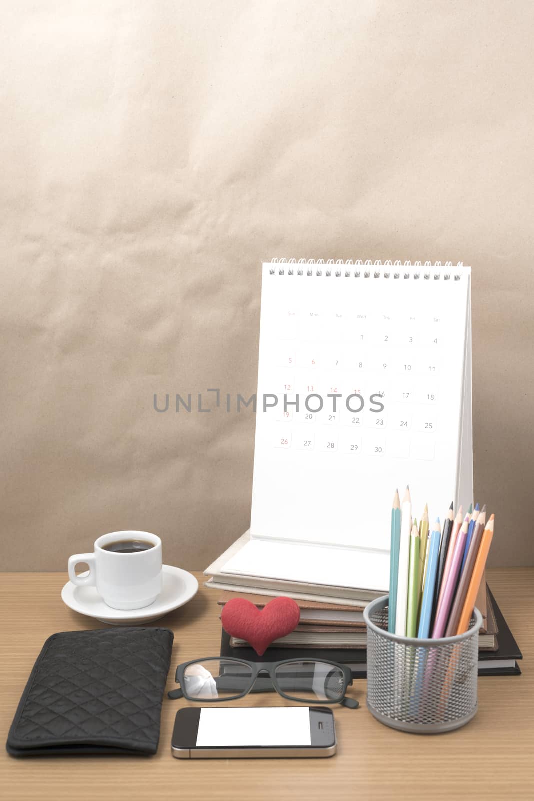 office desk : coffee with phone,wallet,calendar,color pencil box by ammza12