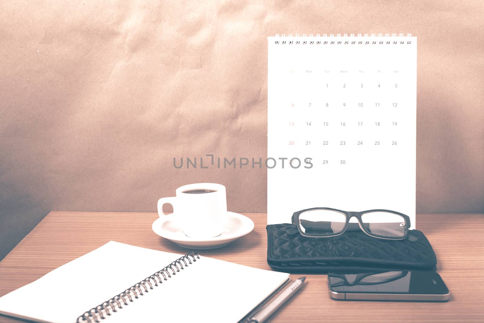 office desk : coffee with phone,calendar,wallet,notepad vintage  by ammza12