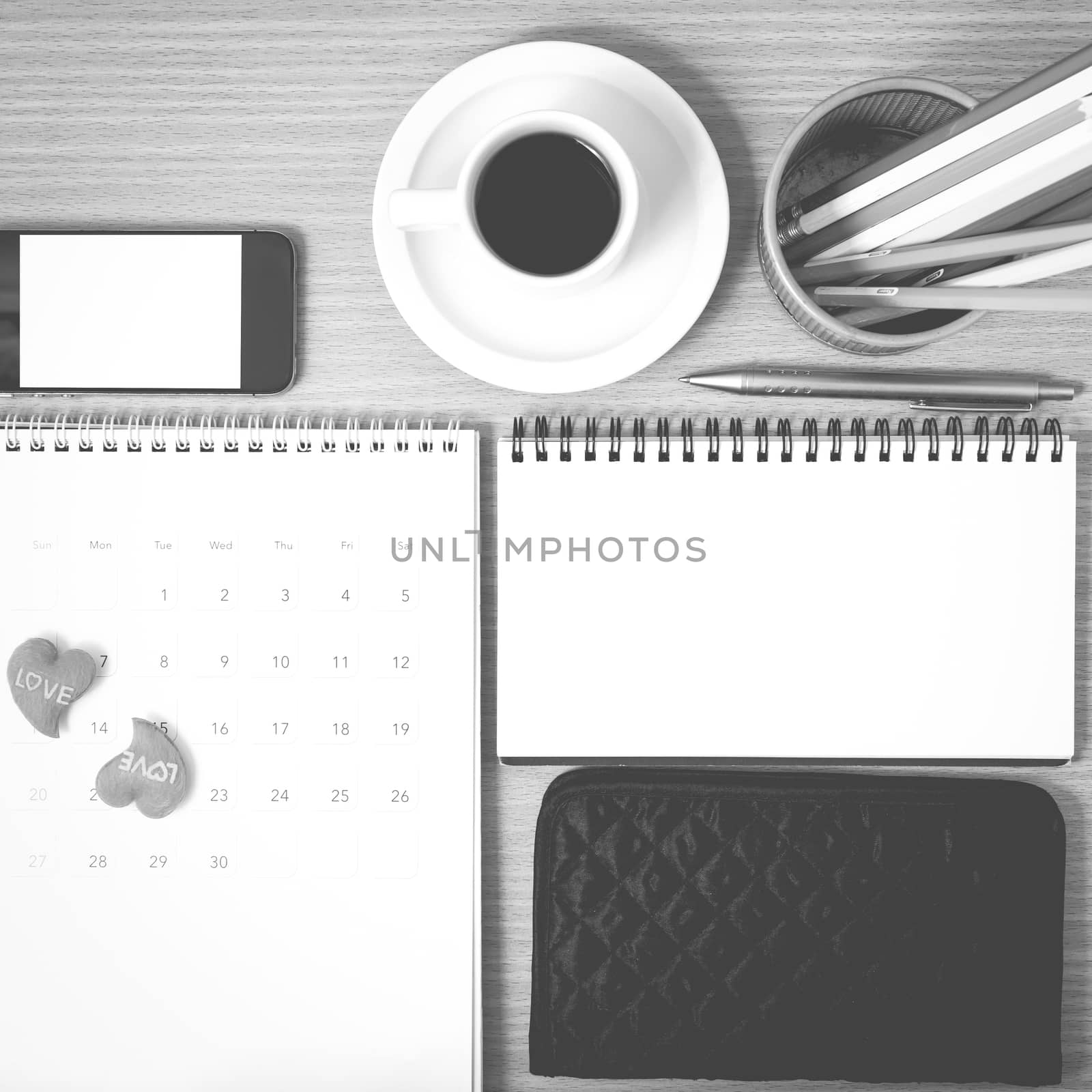 office desk : coffee with phone,wallet,calendar,heart,color penc by ammza12