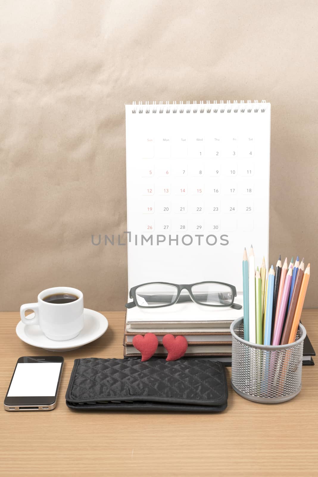 office desk : coffee with phone,wallet,calendar,color pencil box by ammza12