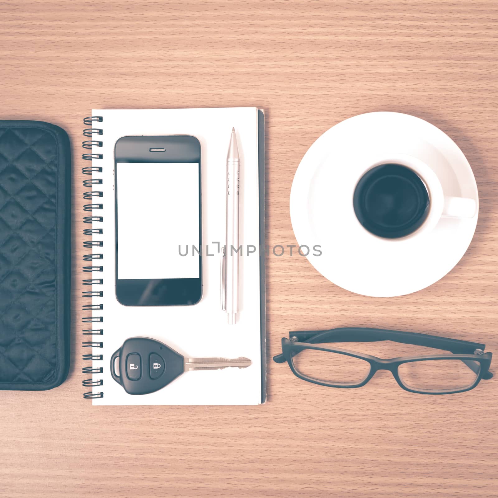 coffee and phone with notepad,car key,eyeglasses and wallet vint by ammza12