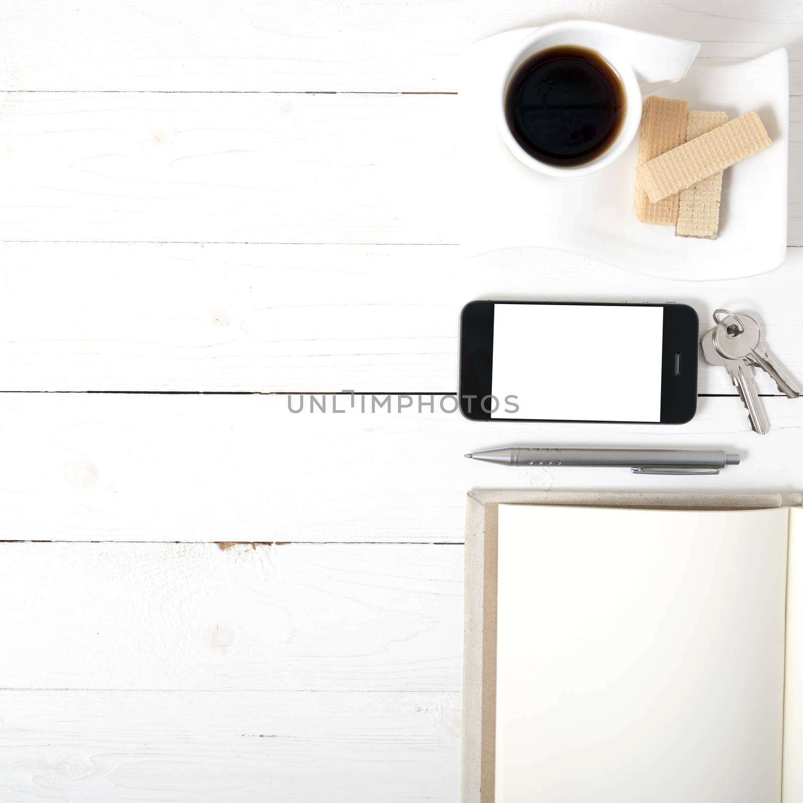 coffee cup with wafer,phone,key,notebook by ammza12