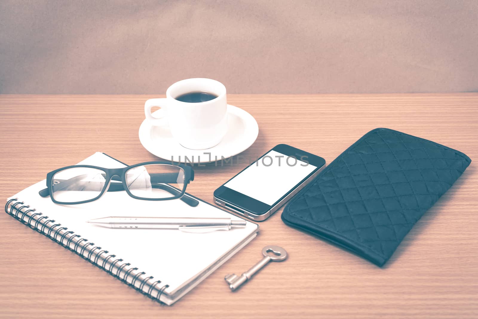 coffee and phone with notepad,key,eyeglasses and wallet vintage  by ammza12